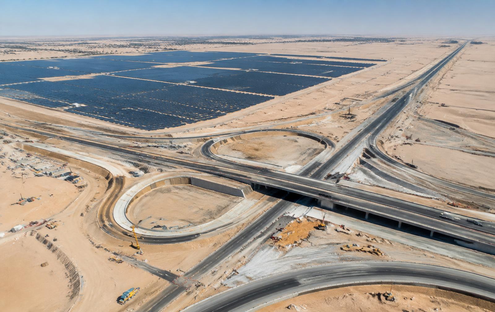 Solar farm and highway interchange under construction